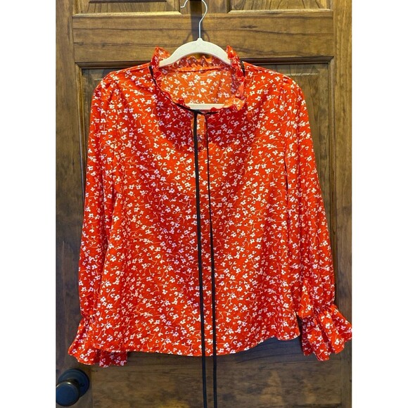 SHEIN Blouse Size Small Red Floral Ruffle Neck & Wrist Tie Neck Silky Top Dressy - Picture 3 of 11